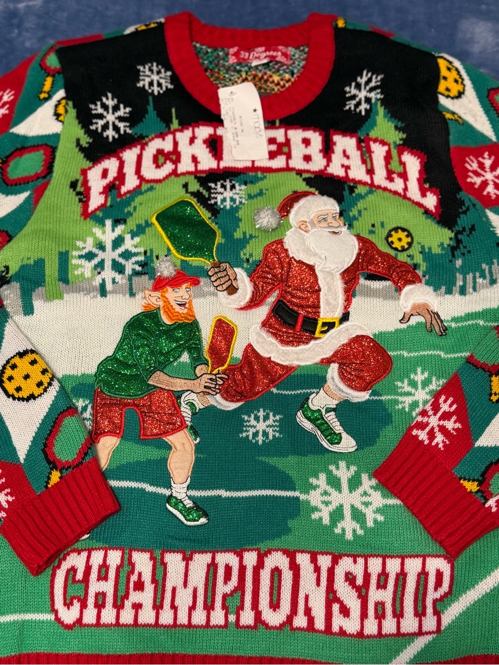 Festive Pickleball Championship Crewneck Sweater - Red, Green, White